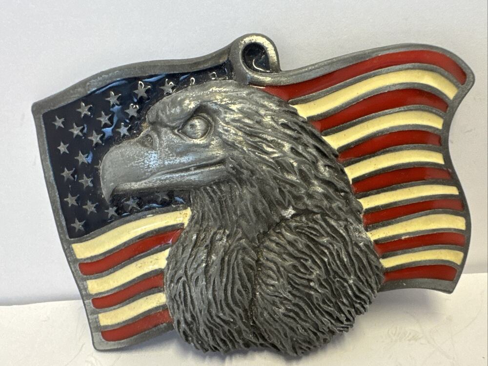 Vintage American Flag Eagle Belt Buckle 3D Eagle Head Red White Blue USA Western